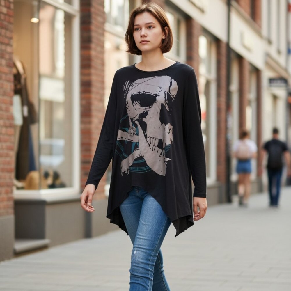 Allegra K Black Tunic Top Skull Design Asymmetric Hem S